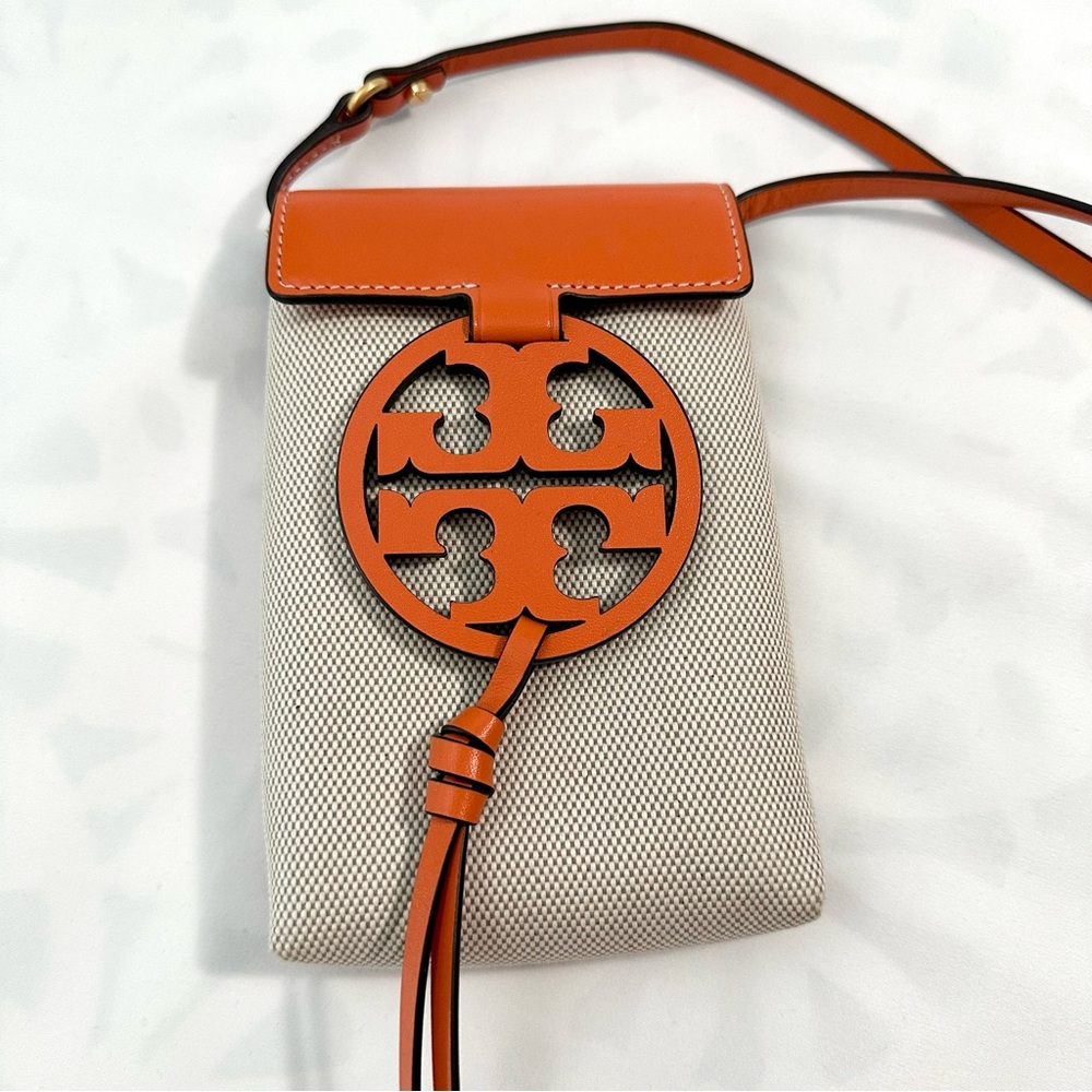 TORY BURCH Miller Designer Logo Phone Holder Canvas Leather Small Crossbody Bag